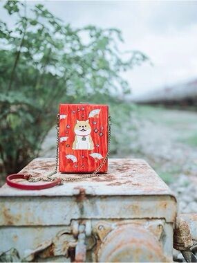 Red Hand-Painted Shiba wood Crossbody Bag